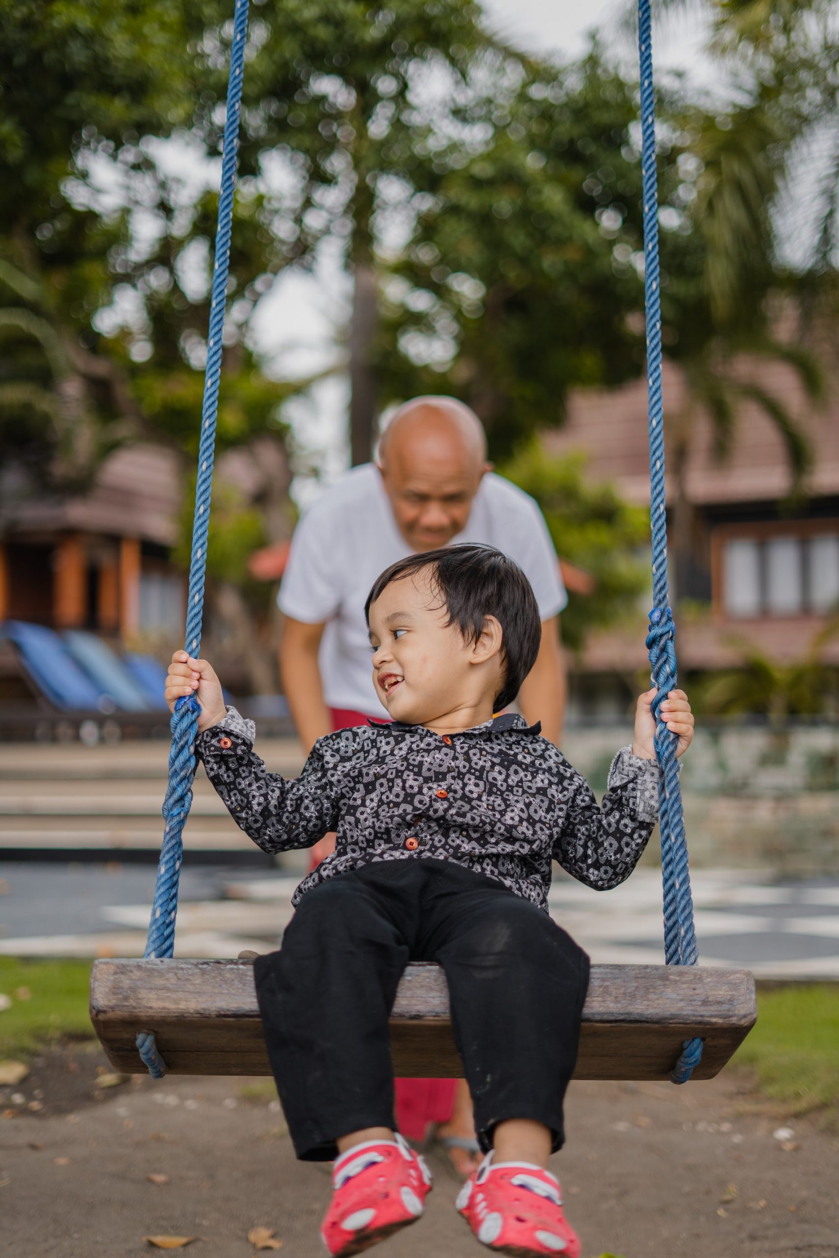 Child on swing being pushed on the swing by grandfather.