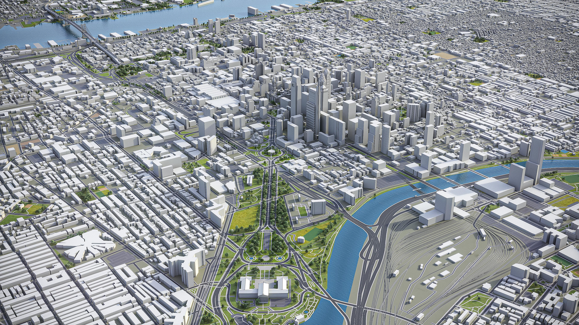 Philadelphia 3D city model aerial rendering