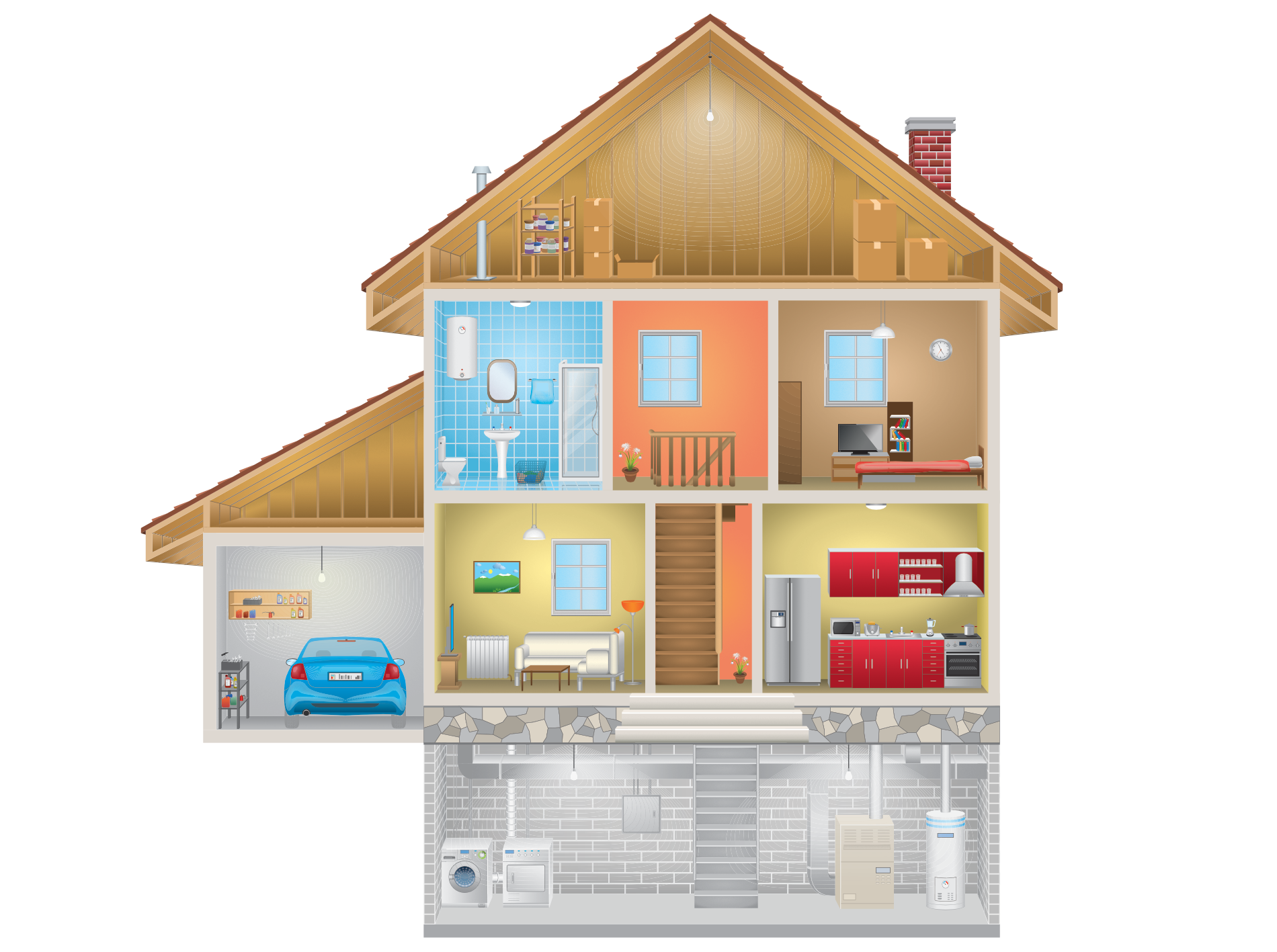 Graphic art of a house with multiple rooms, basement and garage